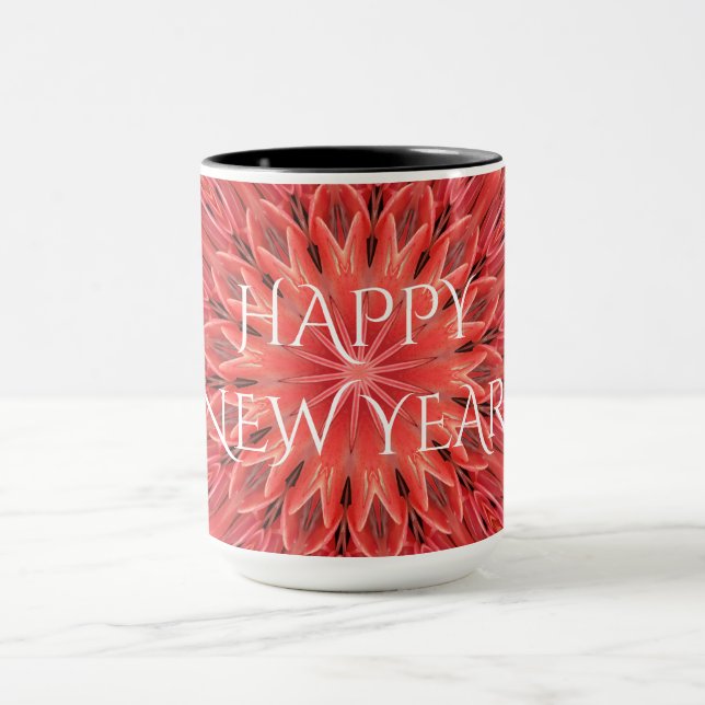 Mug Kaleidoscope Design Fleur rouge Joyeux Texte du No (Centre)