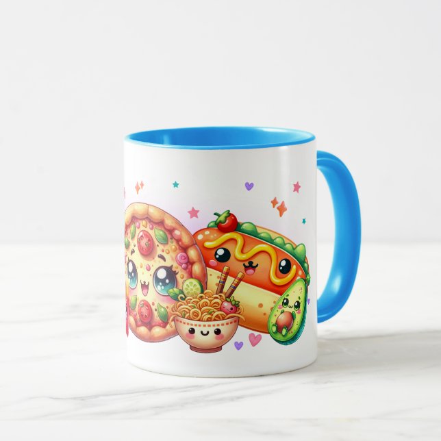 Mug Kawaii Happy Food Cute Burger, Pizza & Hotdog (Devant droit)