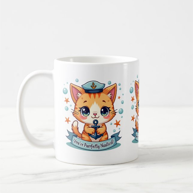 Mug Kawaii Nautical Cat Ancre Pun (Gauche)