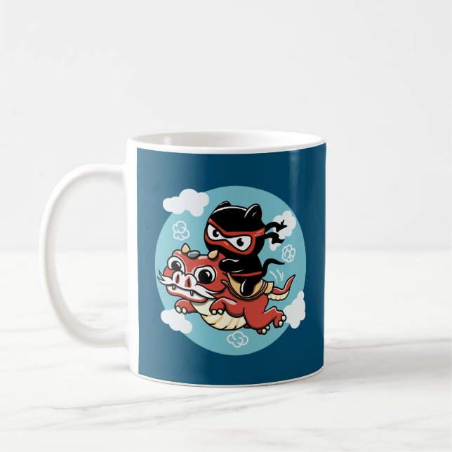 Mug Kawaii Ninja Chat à cheval sur un Dragon Rouge (Gauche)