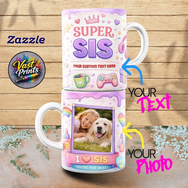 Mug Kawaii "Super Sis" Gaming & Collage de photos de l (Kawaii Super Sis Gaming & Unicorn Photo Collage Coffee Mug)