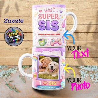 Mug Kawaii "Super Sis" Gaming & Unicorn Photo Collage