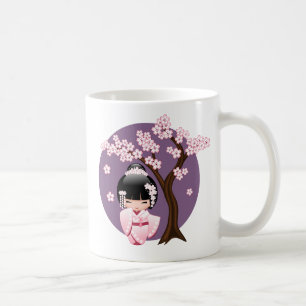 Mug Kimono rose Kawaii Poupée Kokeshi sur fond violet