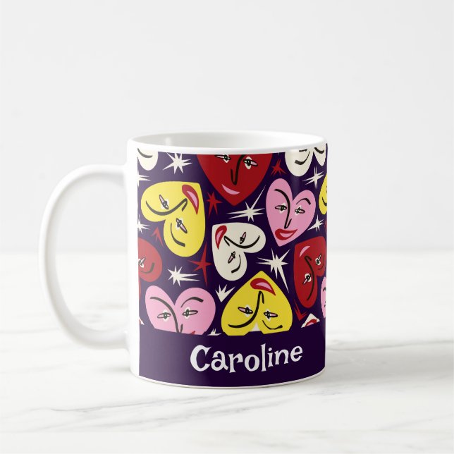 Mug Kitschy Kitchen Retro 1950's Hearts Nom personnali (Gauche)