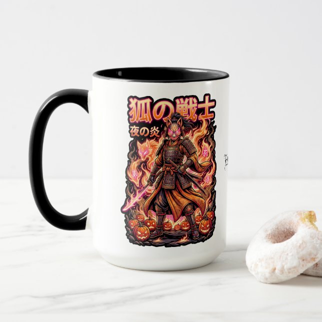 Mug Kitsune Fox Samouraï & Citrouilles de Feu (Avec donut)