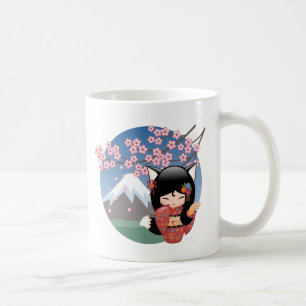 Mug Kitsune Kokeshi Doll - Black Fox Geisha Girl Coffe