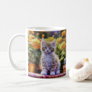 Mug Kitten au gingembre dans un jardin fleuri