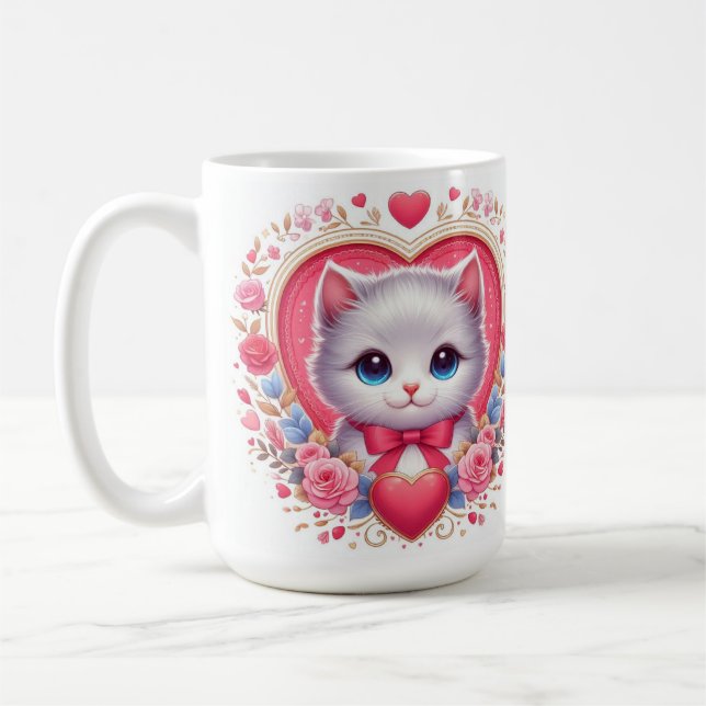 Mug Kitten avec Bow rouge avec Coeurs floraux romantiq (Gauche)