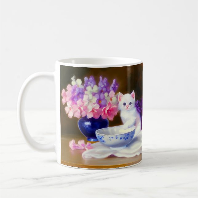 Mug Kitten blanc vintage avec ruban violet (Gauche)