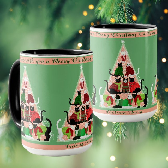 Mug Kitty Christmas Tree Blush Green Custom Holiday (Créateur téléchargé)