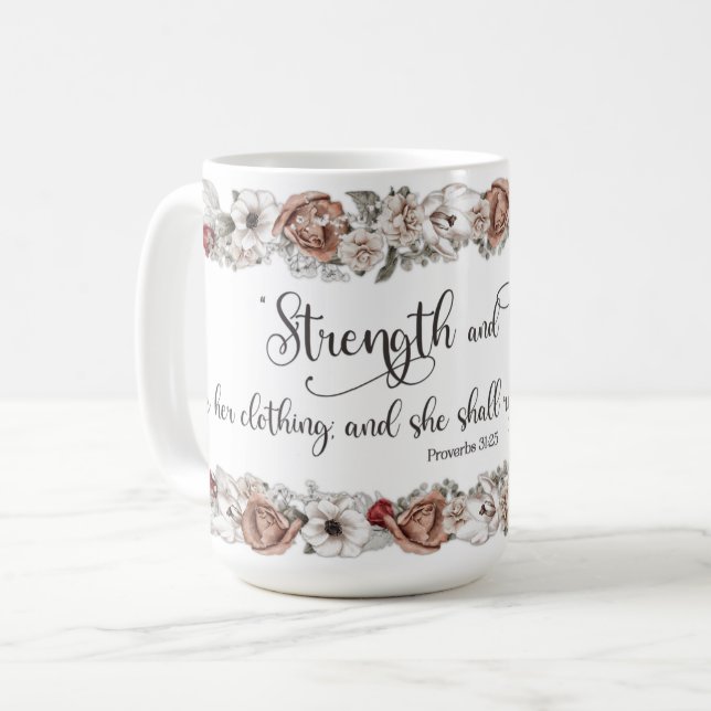 Mug KJV Verse Strength et Honor Christian Ladies (Devant gauche)