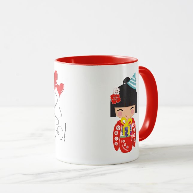 Mug Kokeshi Doll Rouge Joyeux Anniversaire (Devant droit)