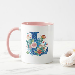 Mug L monogramme bleu avec fleurs