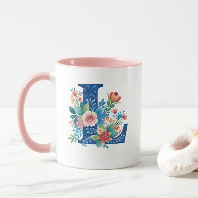Mug L monogramme bleu avec fleurs (Avec donut)