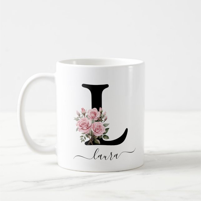 Mug L Monogramme initial Floral Flower Roses rose Musi (Gauche)