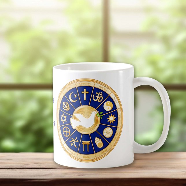 Mug La colombe de la paix (Dove of Peace Mug. Gold icons of world faiths surround the international symbol of harmony.)