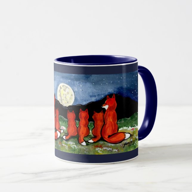 Mug La famille Fox regarde la lune Bleu foncé Design M (Devant droit)