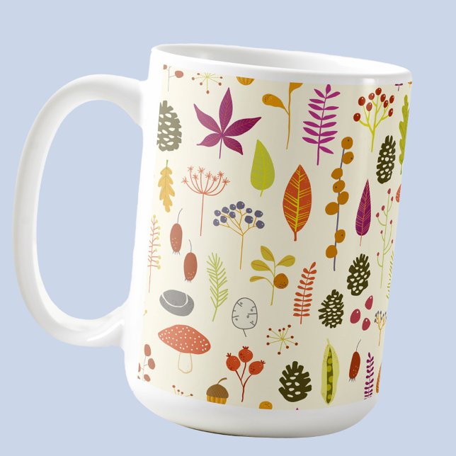 Mug La nature boisée (Autumn fall nature pattern coffee mug with leaves, berries,  mushrooms and toadstools)