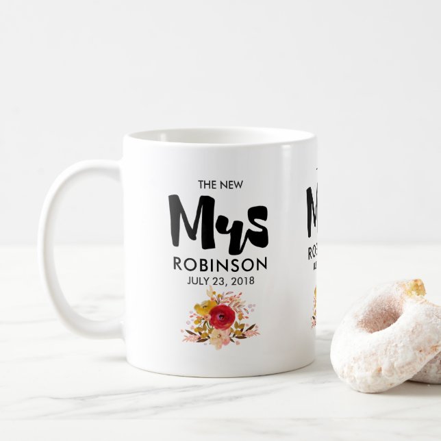 Mug La nouvelle Mme - Typographie avec de jolies fleur (Avec donut)