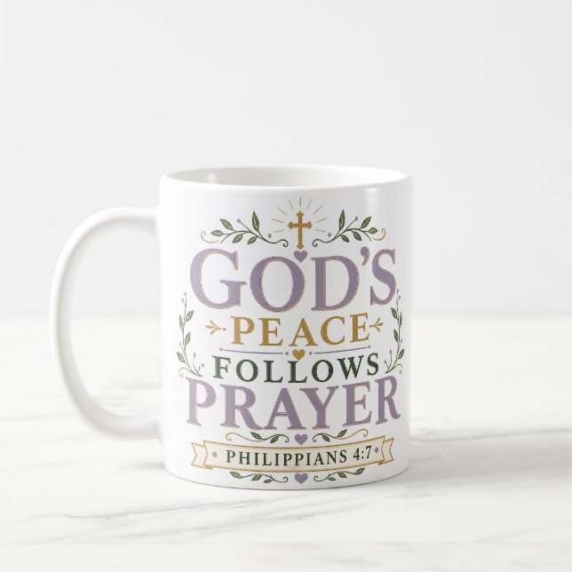 Mug La paix de Dieu suit la prière Citation chrétienne (Gauche)