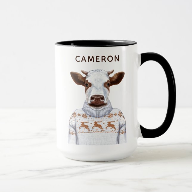 Mug La vache à chandail de Noël | ajoutent votre nom (Droite)