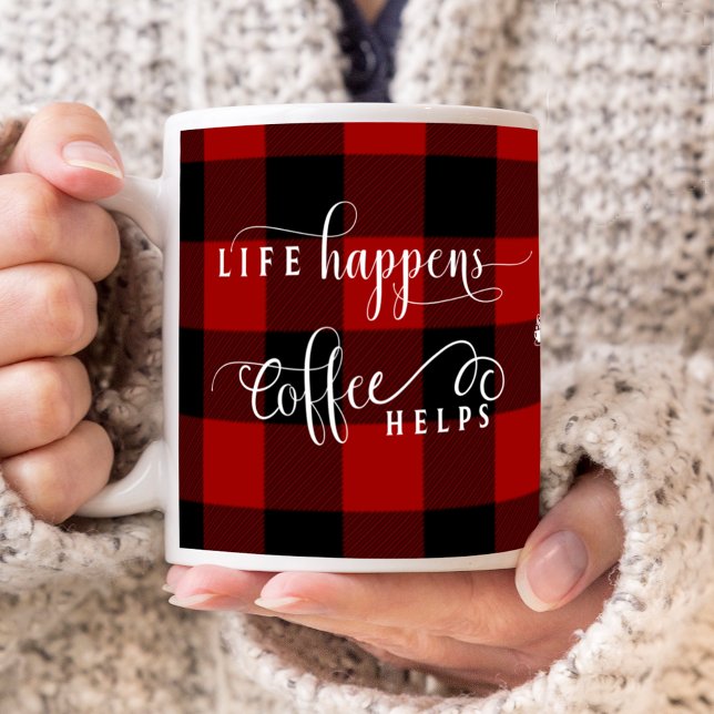 Mug La vie arrive, le café aide, Carreaux, Monogramme  (Créateur téléchargé)