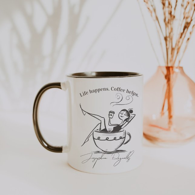 Mug La vie arrive. Le café aide. Monogramme minimalist (Créateur téléchargé)