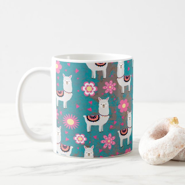 Mug Lama (alpaga) floral et grunge de turquoise (Avec donut)