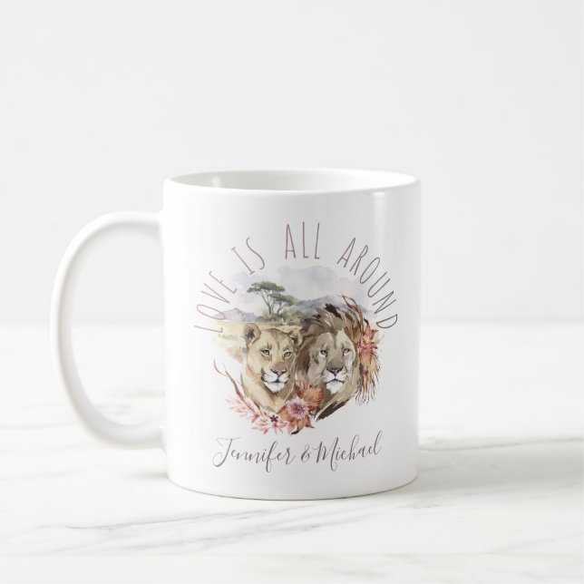 Mug L'amour est tout autour des lions avec des noms (Gauche)