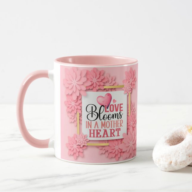 Mug L'amour fleurit dans le cœur d'une mère Fleurs ros (Avec donut)