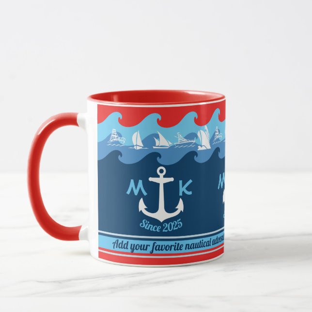 Mug L'Ancre nautique de monogramme ondule le bleu (Gauche)