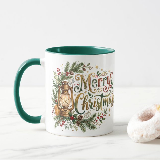 Mug Lanterne de Noël à lettrage main traditionnel (Avec donut)