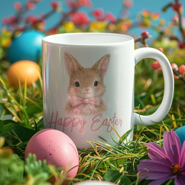 Mug Lapin à l'aquarelle avec noeud rose | Lapin de Pâq (Créateur téléchargé)