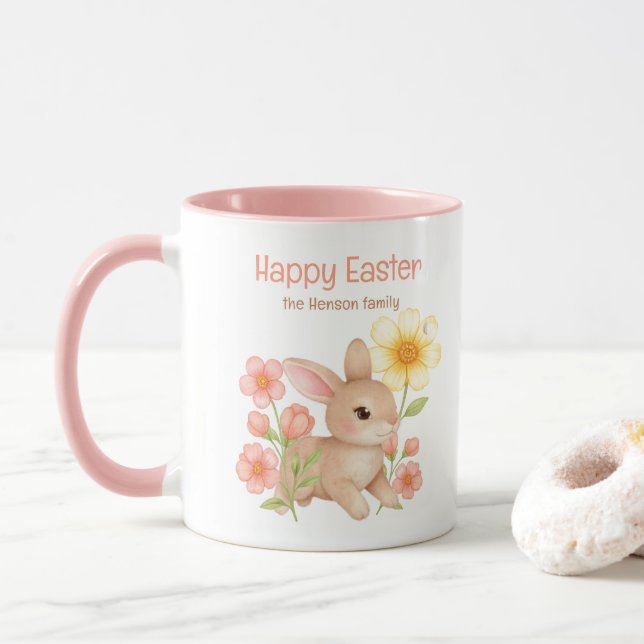 Mug Lapin aquarelle personnalisé Joyeuses Pâques  (Avec donut)
