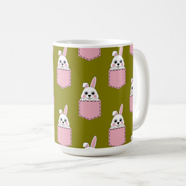 Mug Lapin blanc à motif de poche rose (Devant droit)