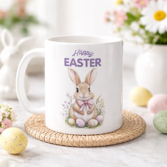Mug Lapin de Pâques à l'aquarelle Fleurs violettes Joy (Créateur téléchargé)