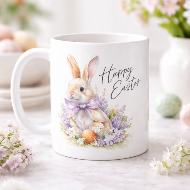 Mug Lapin de Pâques à l'aquarelle Violet Lilas Joyeuse (Créateur téléchargé)