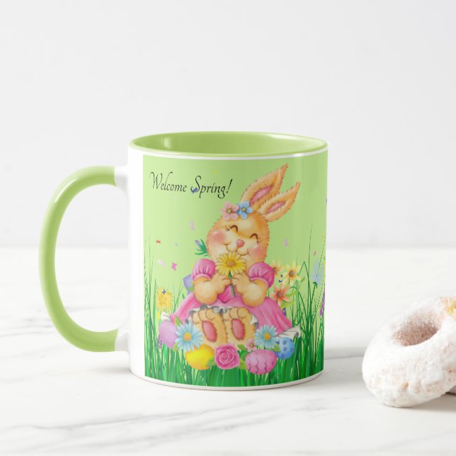 Mug Lapin de Pâques en rose Printemps Fleurs temps Cad (Avec donut)