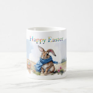 Mug Lapin de Pâques vintage écharpe bleue Joyeuses Pâq