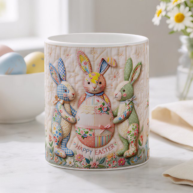 Mug Lapin de Pâques vintage imprimé faux patchwork (Créateur téléchargé)
