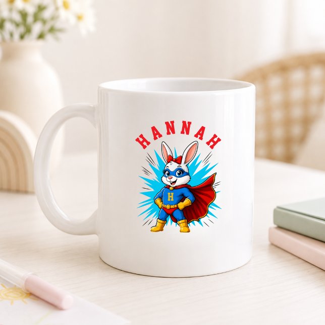 Mug Lapin fille super-héros personnalisé Nom & Initial (Personalized Superhero Bunny Girl Name & Initial Coffee Mug)