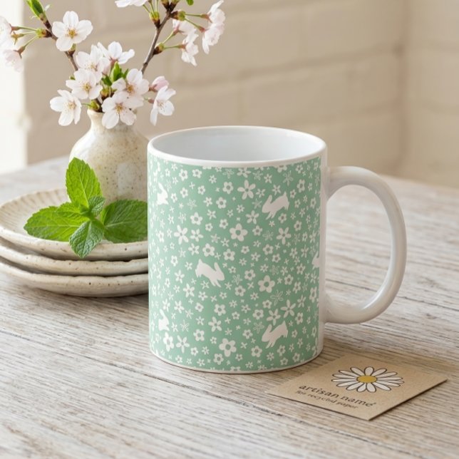 Mug Lapin Floral Vert Menthe de Printemps (Créateur téléchargé)