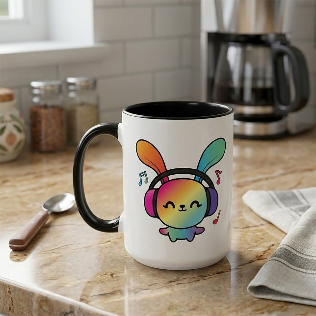 Mug Lapin joyeux avec casque audio écoutant de la musi (Happy Bunny with headphones listening to music. Mug)