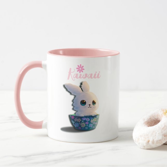 Mug lapin kawaii dans un bol décoré de fleurs (Avec donut)