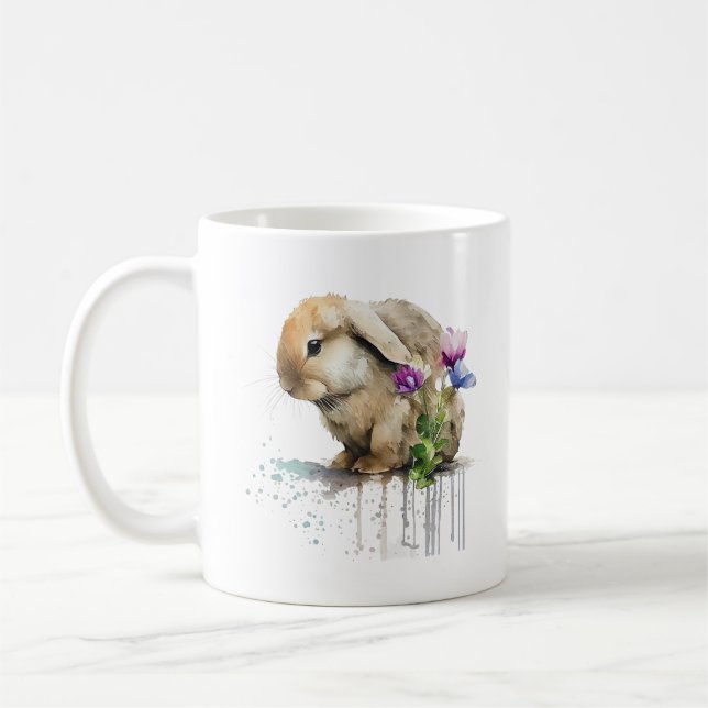 Mug Lapin Lapin Boule Aquarelle avec Fleurs (Gauche)