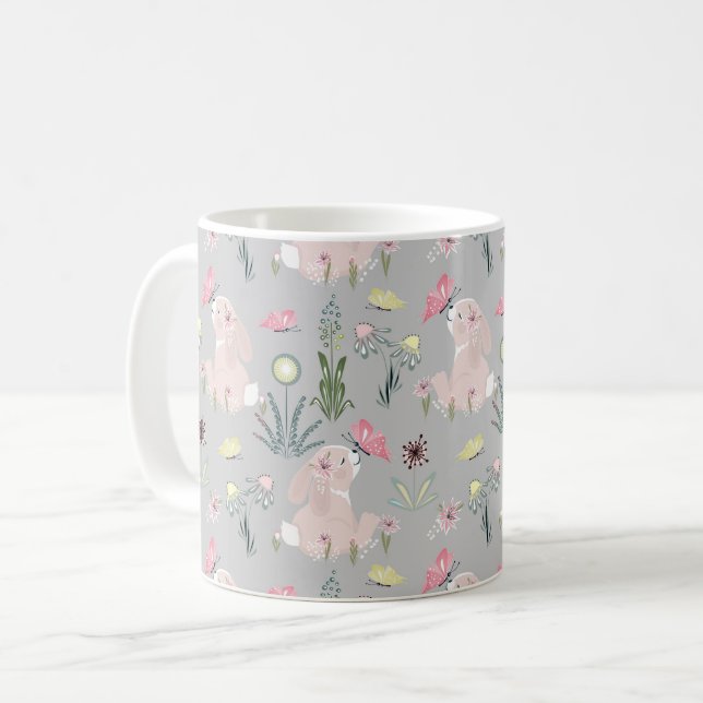 Mug lapin mignon avec fleurs et papillons (Devant gauche)