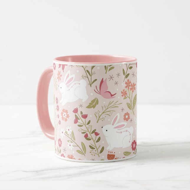 Mug Lapin mignon et papillon Jardin printanier (Devant gauche)