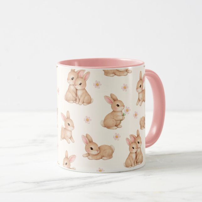 Mug Lapins et fleurs à l'aquarelle doux motif  (Devant droit)