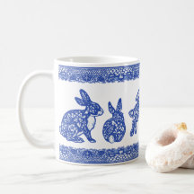 Lapins Floraux Bleus et Blancs Bunnies Mignons Whi