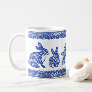 Mug Lapins Floraux Bleus et Blancs Bunnies Mignons Whi